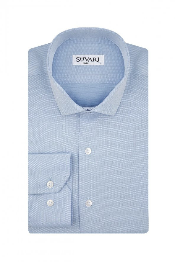 Slim Fit Armür Desenli Açık Mavi Erkek Gömlek
