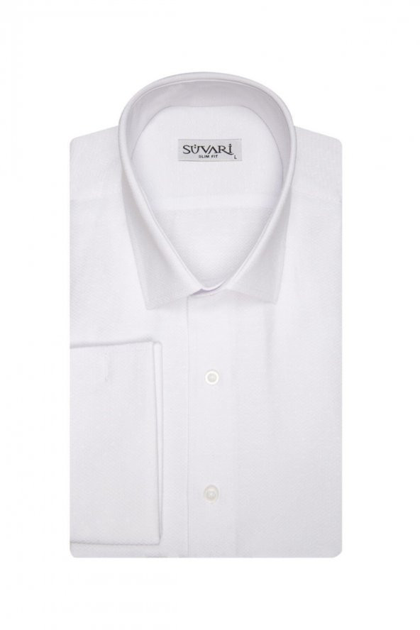 Erkek Beyaz Slim Fit Armür Desenli Manşetli Gömlek