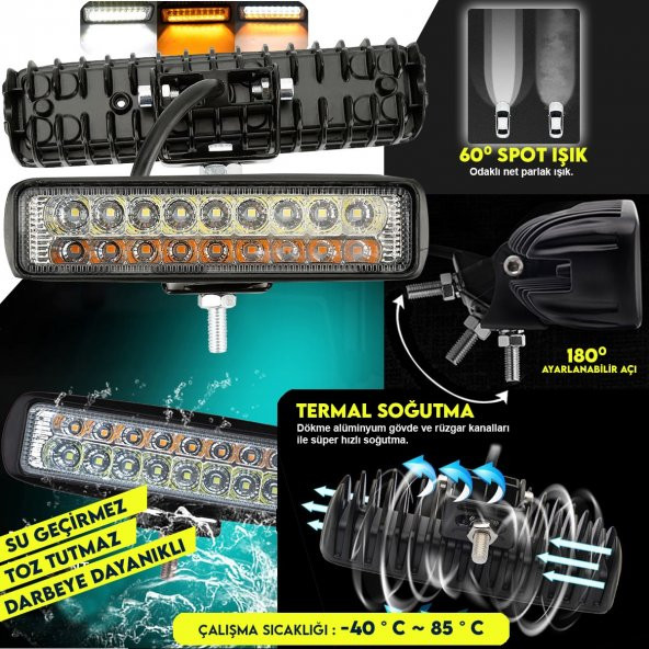 18 Led 54 W Beyaz 3 Modlu Turuncu Beyaz Çakarlı Gündüz Ledi Off Road Far Çalışma Lambası Sis Lambası - 2