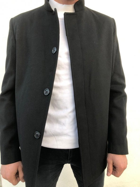 SİYAH KAŞE KABAN DİK YAKA SLİM FİT KALIP PALTO - 2