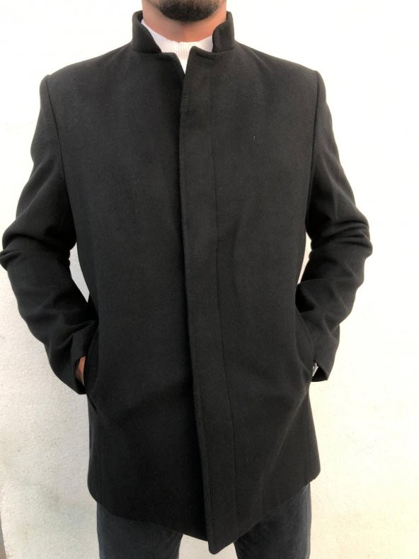 SİYAH KAŞE KABAN DİK YAKA SLİM FİT KALIP PALTO - 3