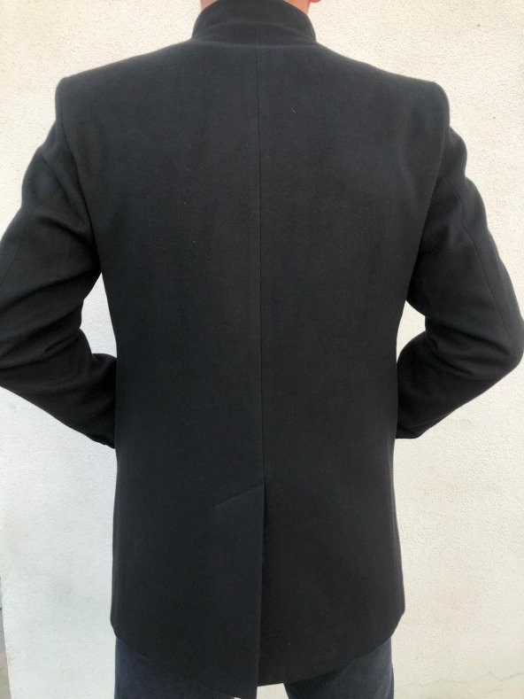 SİYAH KAŞE KABAN DİK YAKA SLİM FİT KALIP PALTO - 4