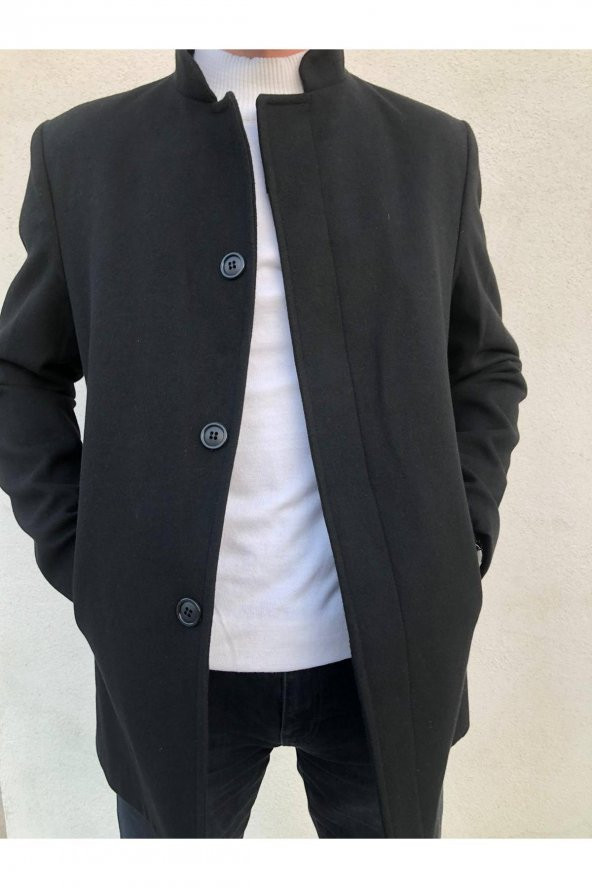 SİYAH KAŞE KABAN DİK YAKA SLİM FİT KALIP PALTO - 5