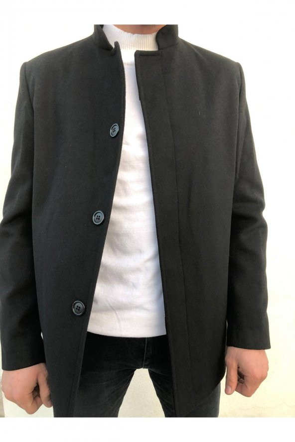 SİYAH KAŞE KABAN DİK YAKA SLİM FİT KALIP PALTO - 6