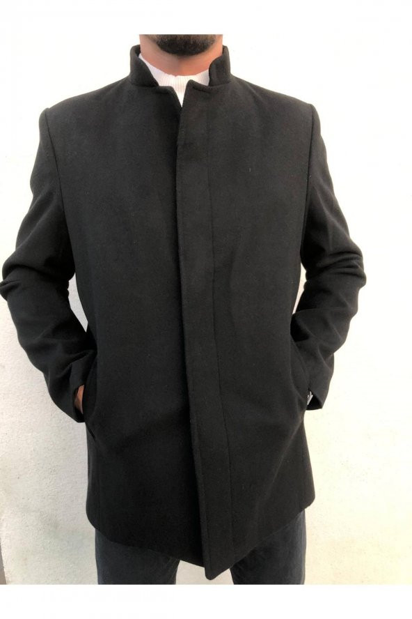 SİYAH KAŞE KABAN DİK YAKA SLİM FİT KALIP PALTO - 7