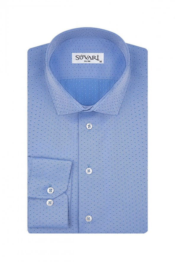 Slim Fit Armür Desenli Mavi Erkek Gömlek - Resim 7