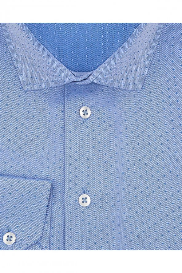 Slim Fit Armür Desenli Mavi Erkek Gömlek - Resim 8