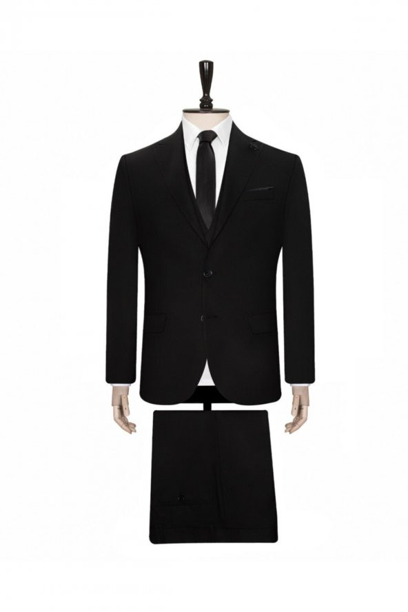 Yelekli Siyah Slim Fit Takım Elbise