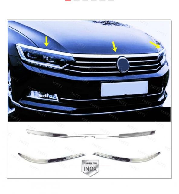 FAMS OTO AKSESUAR VW PASSAT B8 Krom  Kaput Çıtası + Far Üzeri Çıta 3 prç. 2015-2019 Arası P.ÇELİK