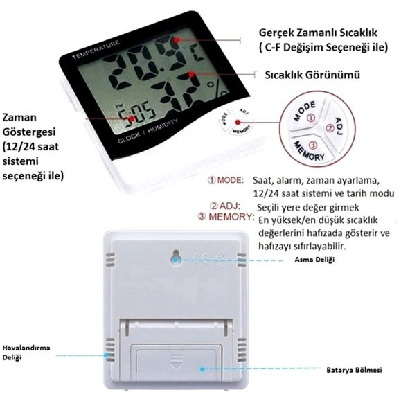 Dijital Termometre Isı Nem Ölçer Oda Sıcaklık Alarmlı Masa Saati - 3