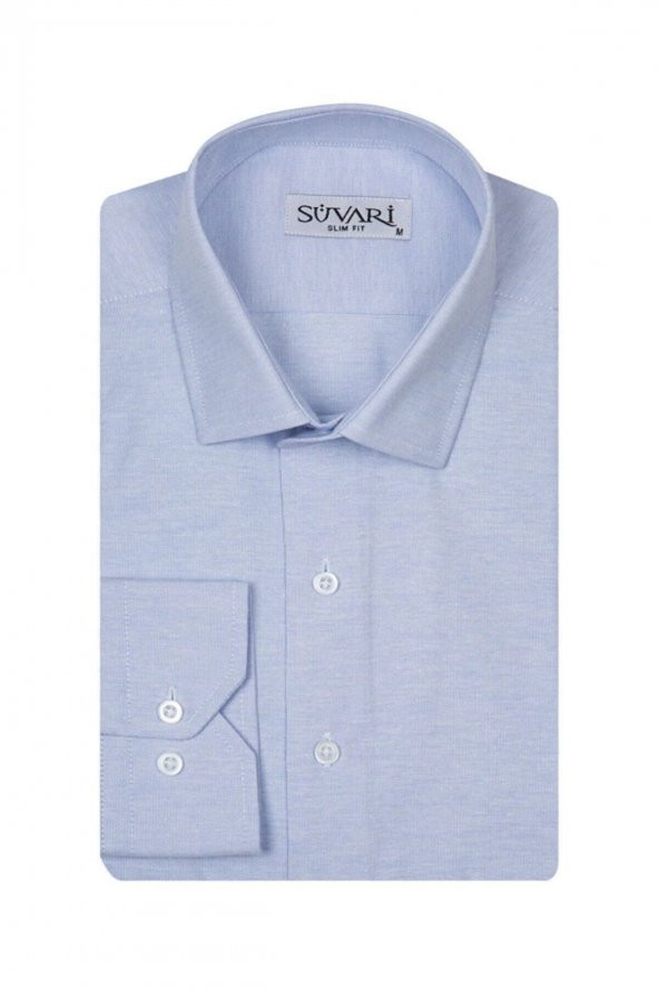 SÜVARİ Classics Smart Sport Dar Kalıp Takım Elbise Gömleği Düz Mavi Slim Fit Cepsiz - 3
