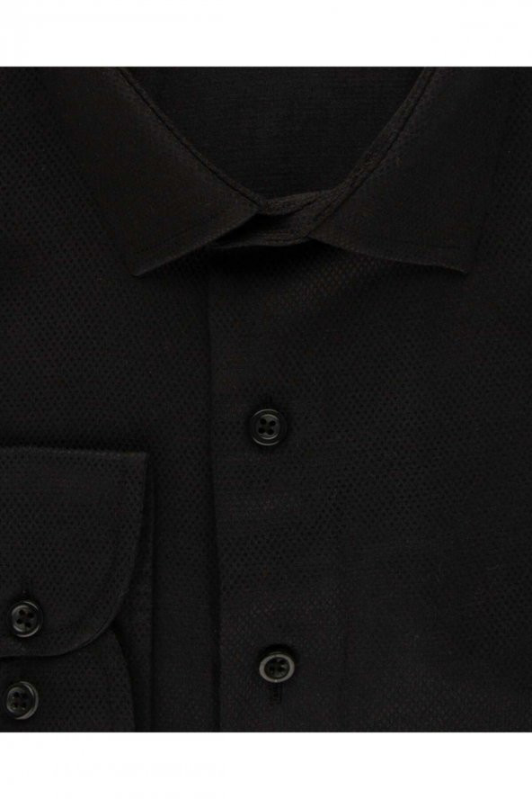 Slim Fit Armür Desenli Siyah Erkek Gömlek - 2