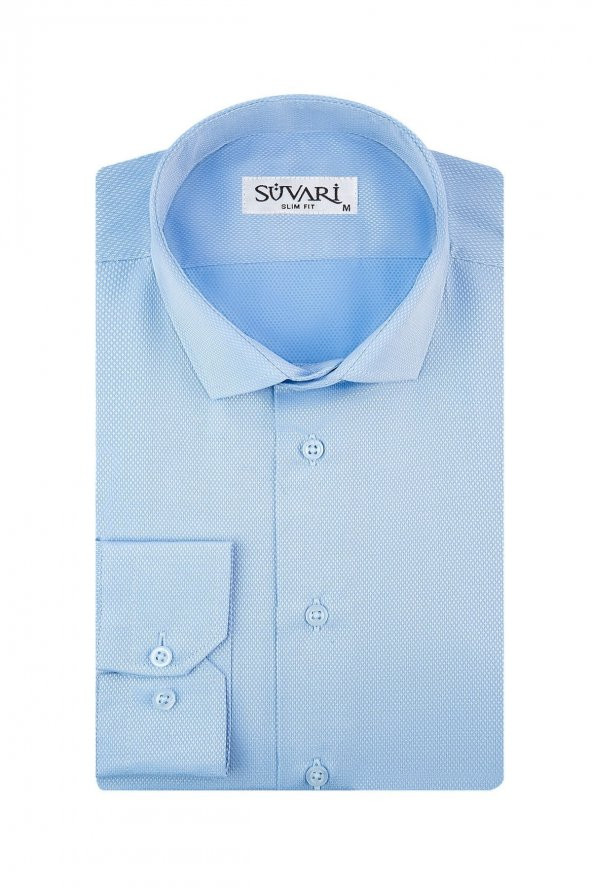 Slim Fit Armür Desenli Soluk Mavi Erkek Gömlek - Resim 4