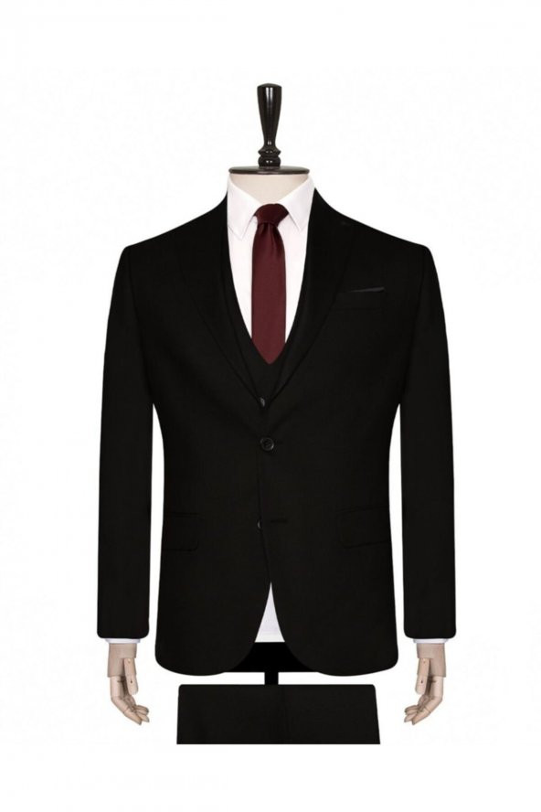 6 Drop Slim Fit Siyah Yelekli Düz Takım Elbise - 2