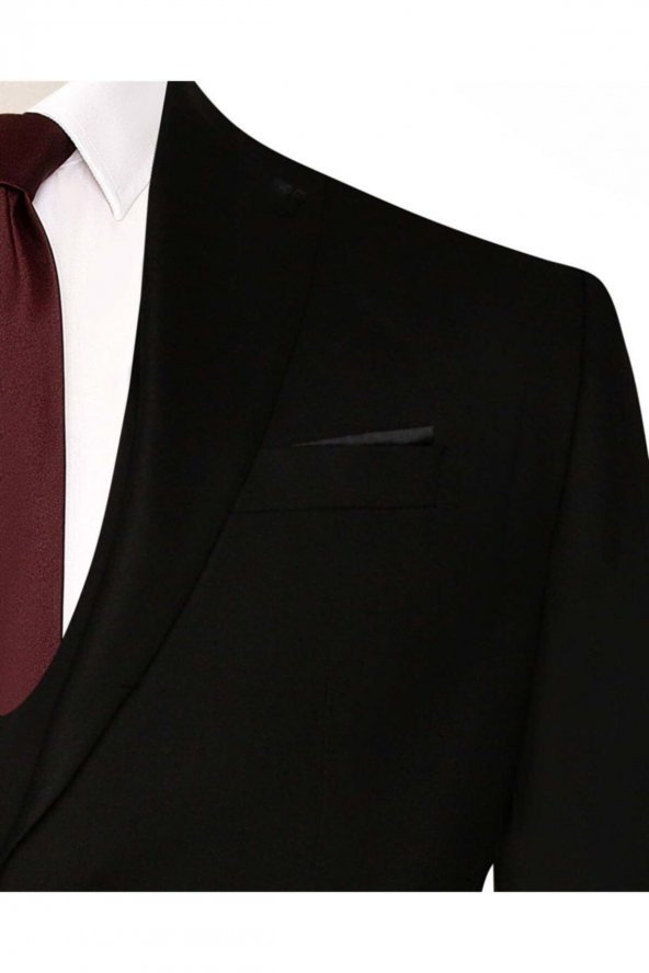 6 Drop Slim Fit Siyah Yelekli Düz Takım Elbise - 4