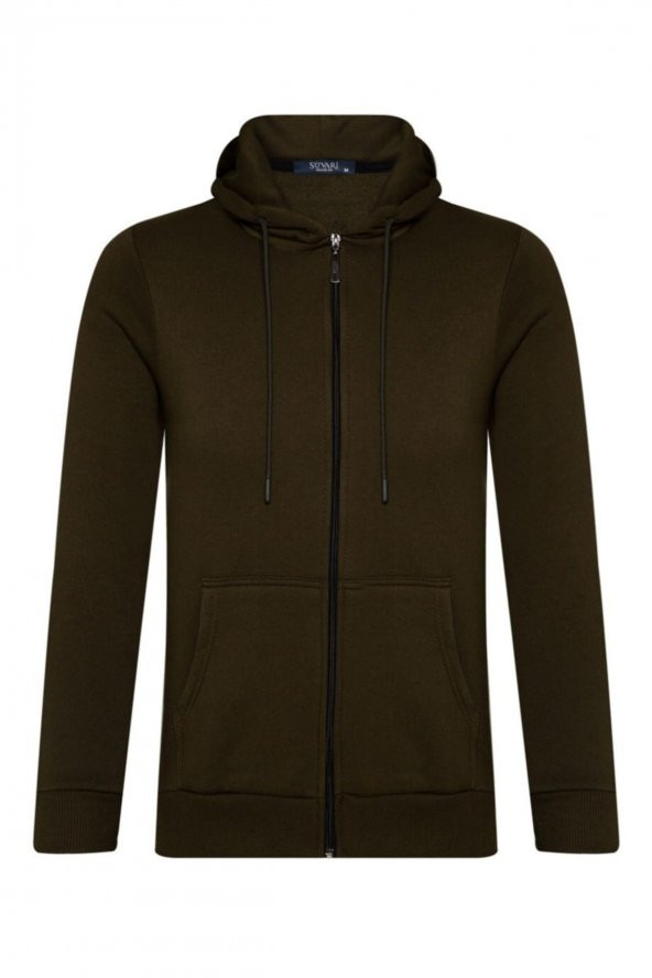 Üç Iplik Fermuarlı Kapüşonlu Yeşil Erkek Sweatshirt