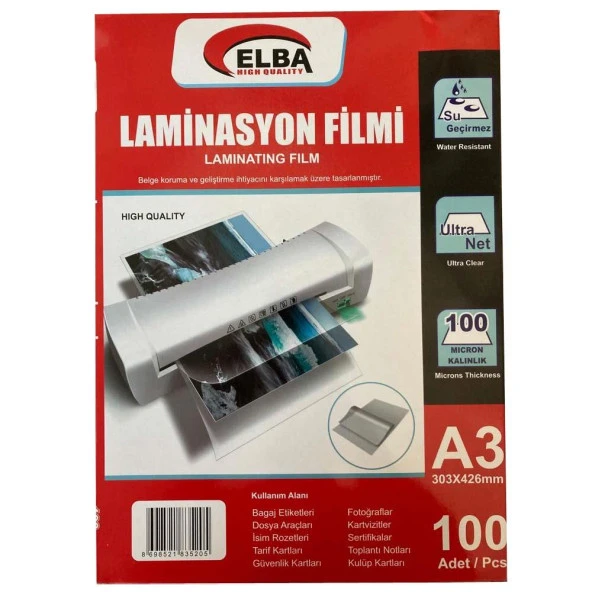 Elba Laminasyon Filmi A3 100 Mikron 100 Lü 303 x 426 MM Laminasyon Filmi