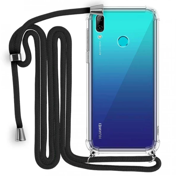Huawei P Smart 2019 Boyun Askılı Şeffaf Tank Kılıf Siyah
