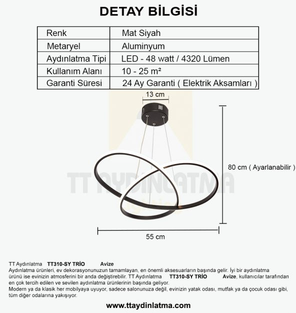 TT Aydınlatma TT310-SY  Trio Modeli Mat Siyah Led Avize - Resim 2