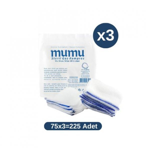 Mumu Non-Steril Spanç Gaz Kompres 10cm x 10 cm 12 Katlı XRY 75li x 3 Paket