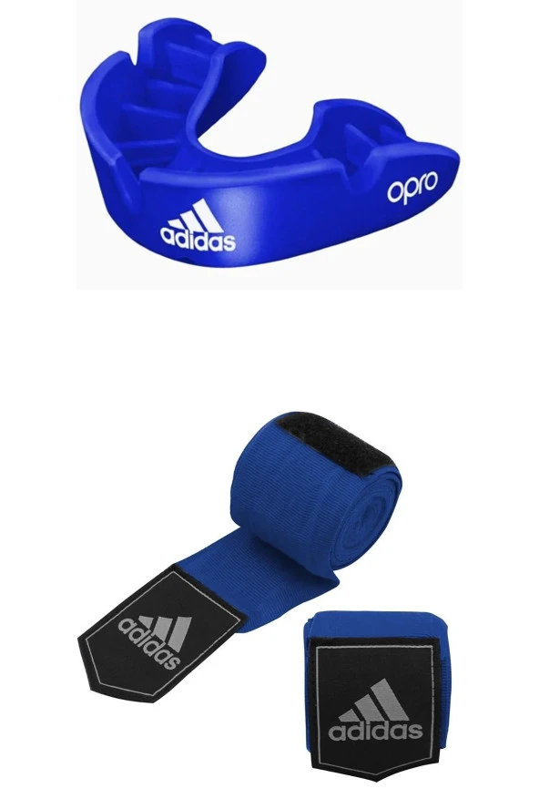 Adidas Opro Bronz Sporcu Dişliği ve Boks Bandajı Mavi 3,5 Metre 2'li Set