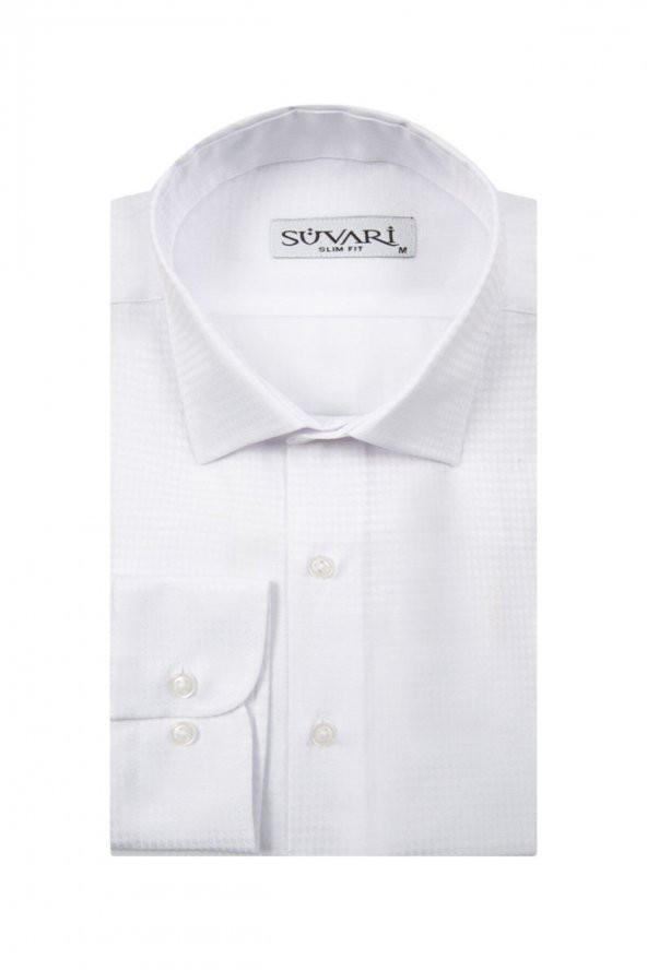 Slim Fit Armür Desenli Beyaz Erkek Gömlek