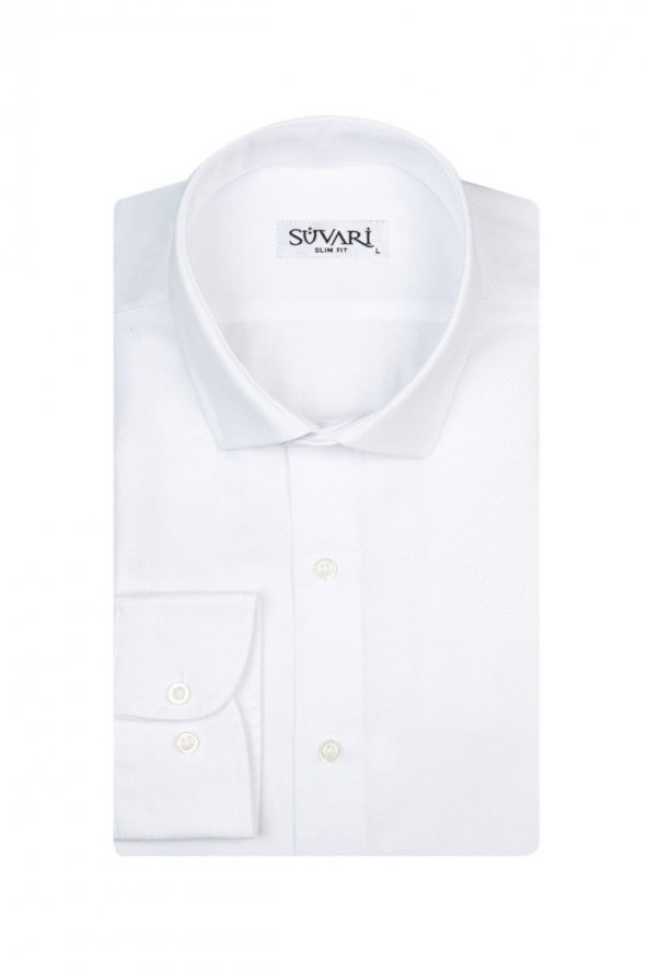 Slim Fit Armür Desenli Beyaz Erkek Gömlek