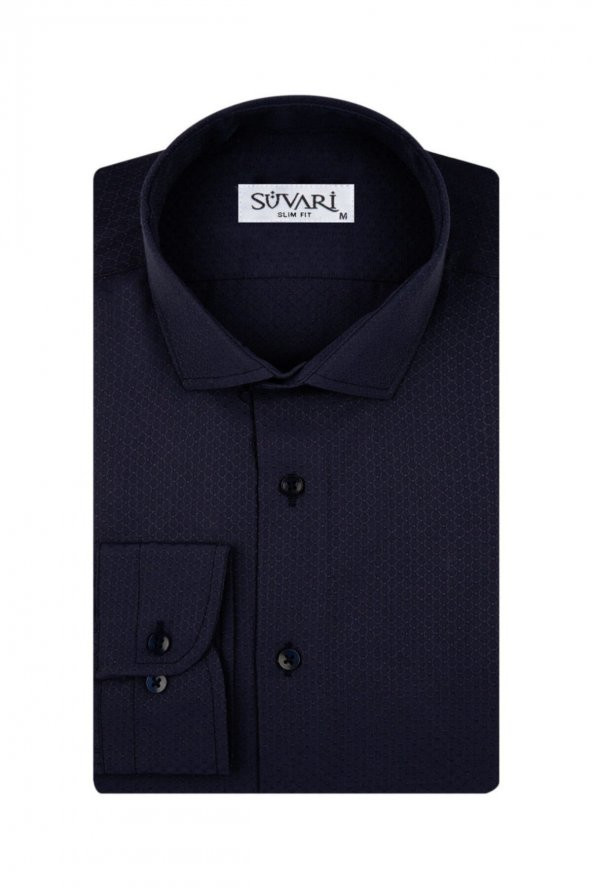 Slim Fit Armür Desenli Soluk Mavi Erkek Gömlek
