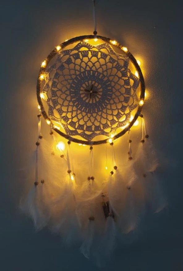 Led Işıklı Düş Kapanı Dreamcatcher Beyaz Kuş Tüyü Rüya Kapanı Duvar Süsü Elişi
