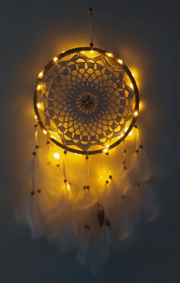 Led Işıklı Düş Kapanı Dreamcatcher Beyaz Kuş Tüyü Rüya Kapanı Duvar Süsü Elişi - 4