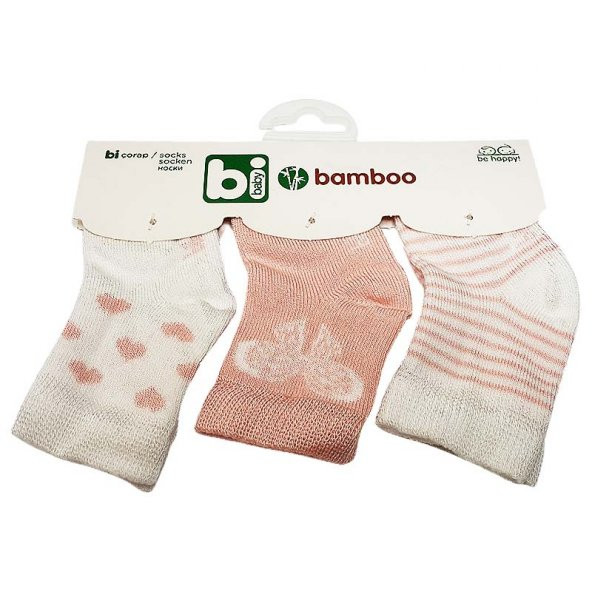 Bibaby Bambu Bebek Çorabı 3 lü 0-6 Ay - Beyaz Kelebek - Pembe