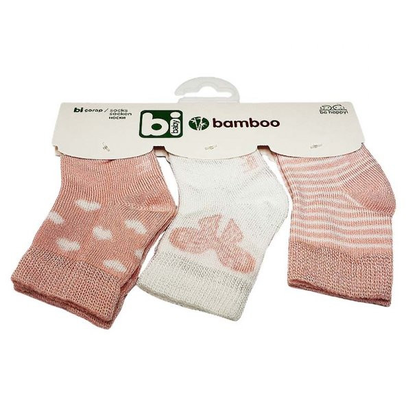 Bibaby Bambu Bebek Çorabı 3 lü 0-6 Ay - Pembe Kelebek - Beyaz