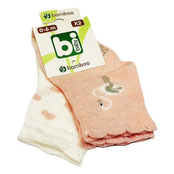 Bibaby Bambu Bebek Çorabı 2 li 0-6 Ay - Beyaz Kuğu - Pembe