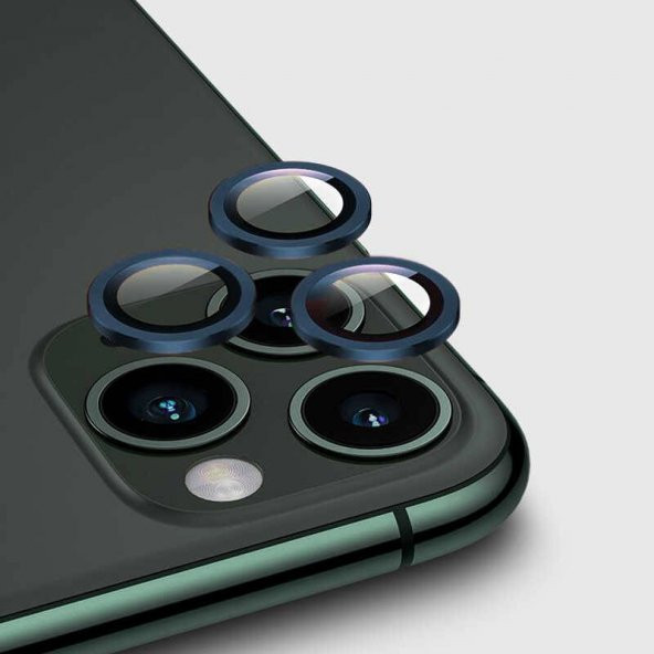 Apple iPhone 11 Pro Max Metal Çerçeveli Kamera Koruma Lensi Mavi