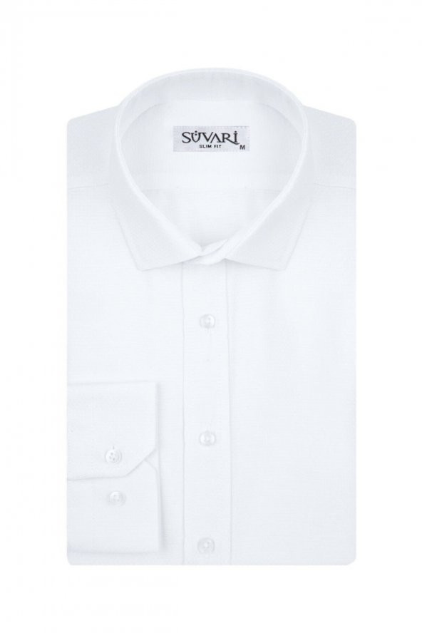 Slim Fit Armür Desenli Beyaz Erkek Gömlek