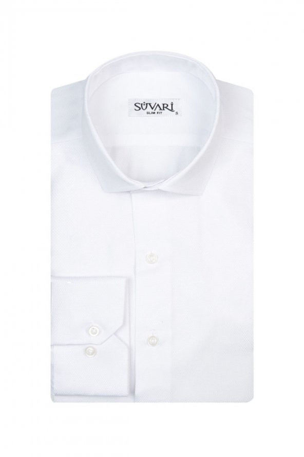 Slim Fit Armür Desenli Beyaz Erkek Gömlek ürün görseli