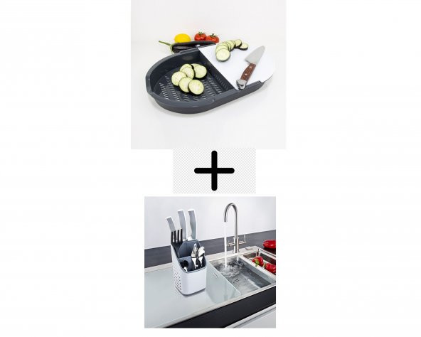 Çift Hazneli Kesme Panosu + Tezgah Üstü Kaşıklık 2 Li Düzenleyici Set