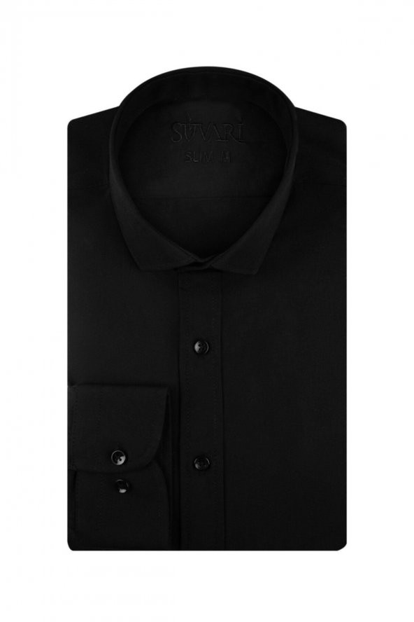 Slim Fit Düz Siyah Erkek Gömlek