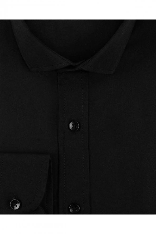 Slim Fit Düz Siyah Erkek Gömlek - Resim 2