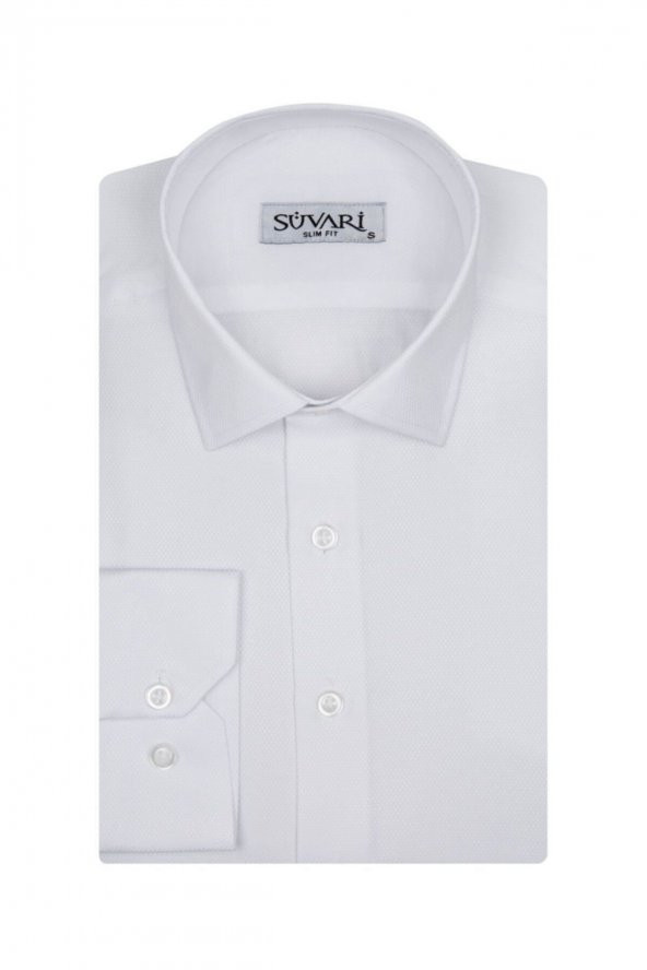 Slim Fit Armür Desenli Beyaz Erkek Gömlek
