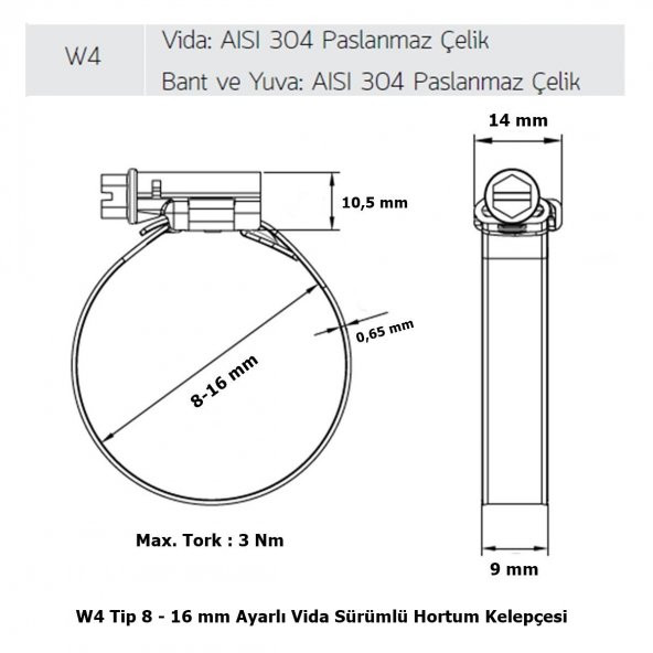 Mikalor 3 Adet W4 Hortum Kelepçesi 8-16 mm 304 Klt. Paslanmaz - 2