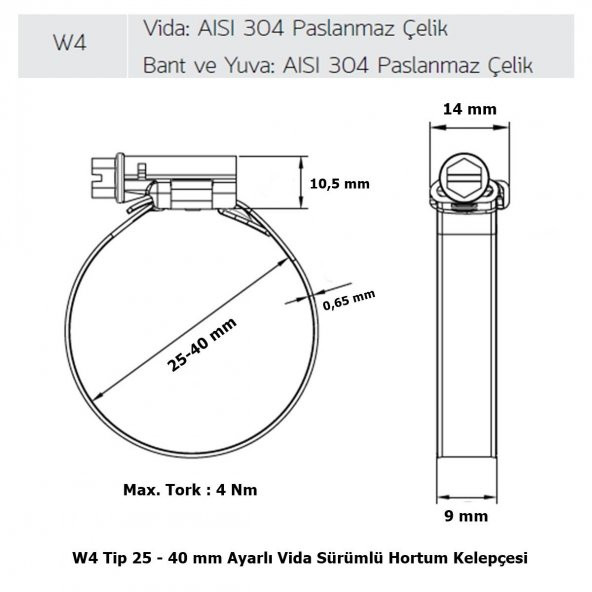 Mikalor 3 Adet W4 Hortum Kelepçesi 25-40 mm 304 Klt. Paslanmaz - 2