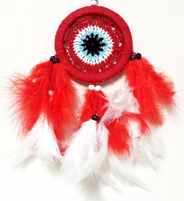 Kırmızı Ve Beyaz Kuş Tüylü Dream Catcher El Yapımı Mini Duvar Süsü