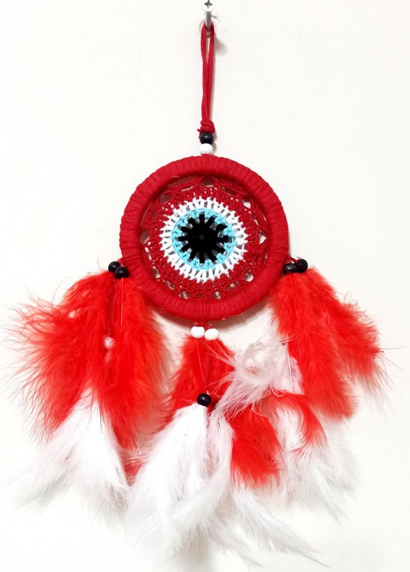 Kırmızı Ve Beyaz Kuş Tüylü Dream Catcher El Yapımı Mini Duvar Süsü - 2