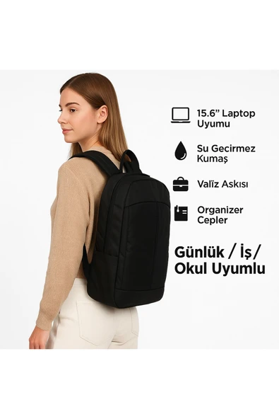 northern fashion 15.6" Notebook Bilgisayar Laptop Sırt Çantası Su Geçirmez Kumaş ve Fermuarlı Siyah - 3
