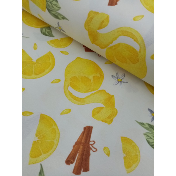 Hayat Home Sarı Limon desenli Duck Keten kumaş