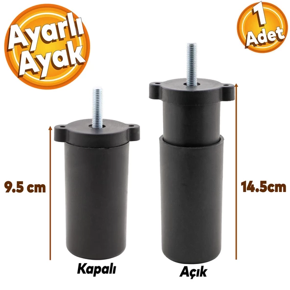 Ayarlanabilir Gizli Mobilya Kanepe Baza Koltuk M8 Civatalı Vidalı Orta Destek Ayağı Ayak Siyah 9.5cm