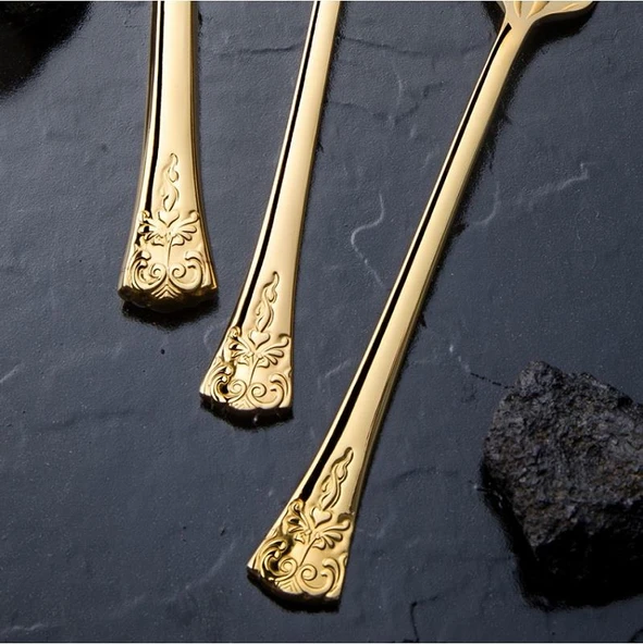 Nehir Akasya Full Altın Parlak 84 Parça Deri Kutulu Çatal Bıçak Set - 3