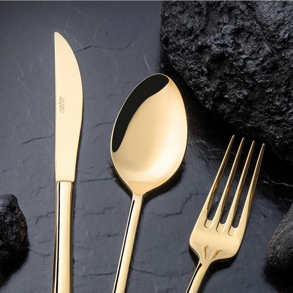 Nehir Akasya Full Altın Parlak 84 Parça Deri Kutulu Çatal Bıçak Set - 2