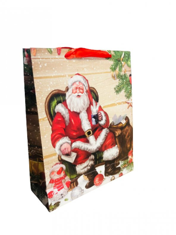 YILBAŞI KARTON ÇANTA NOEL BABA OTURAN MODELİ 32CM X 26CM - 1 ADET